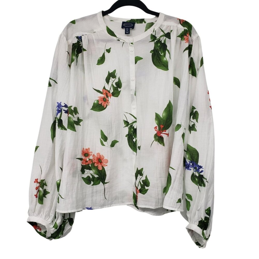 Scoop Womens White Floral Crinkle Gauze Shirt with Blouson Sleeves XXL 20 - Picture 2 of 15